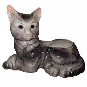 Vintage GRAY Cat Planter Succulent Trinket Dish Figurine Ceramic Kitty 8.5" Long